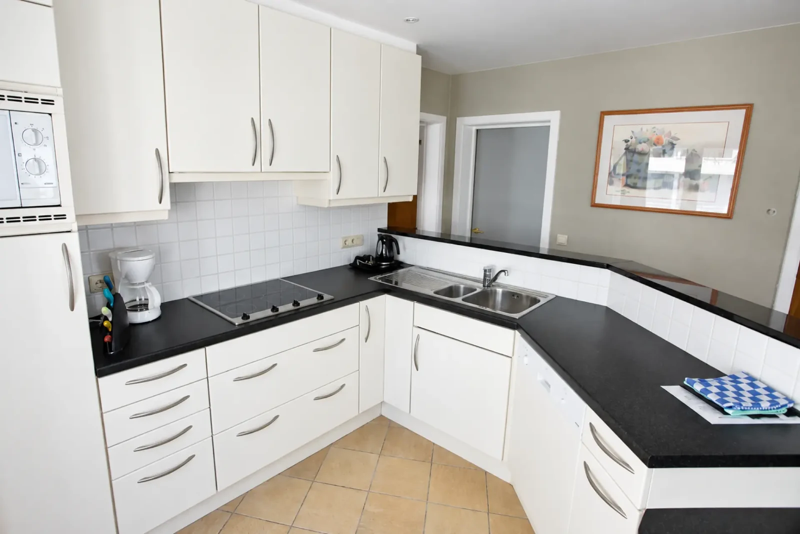 Keuken van het appartement met witte kasten, kookplaat en spoelbak